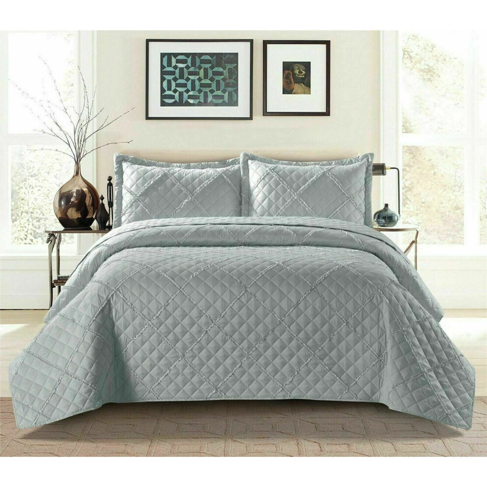 (Silver, Double) Ruffle Embossed Quilted Bedspread Bed Throw Single Double King Size Bedding Set