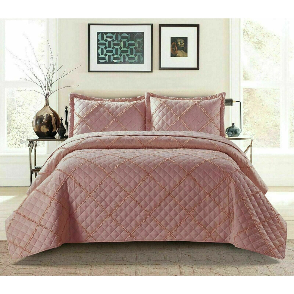 (Pink, Super King) Ruffle Embossed Quilted Bedspread Bed Throw Single Double King Size Bedding Set