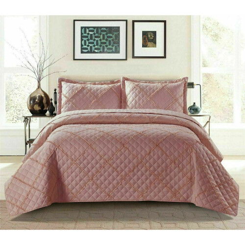 (Pink, Double) Ruffle Embossed Quilted Bedspread Bed Throw Single Double King Size Bedding Set