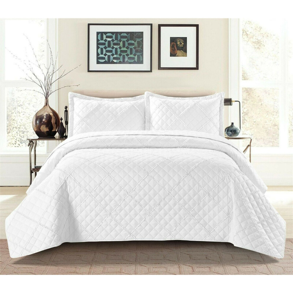 (White, Single) Ruffle Embossed Quilted Bedspread Bed Throw Single Double King Size Bedding Set