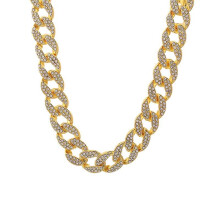 (Gold) 45cm Cuban Necklace Inlaid Rhinestone Hip Hop Chain Cuban Thick Link Party Jewelry Gift