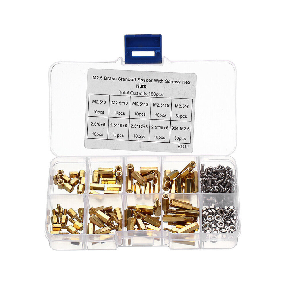 180Pcs M2.5 Brass Male-Female Hex Column Standoff Support Spacer Pillar Cross Screw Nut Assortment For Pcb Board 3654659460387