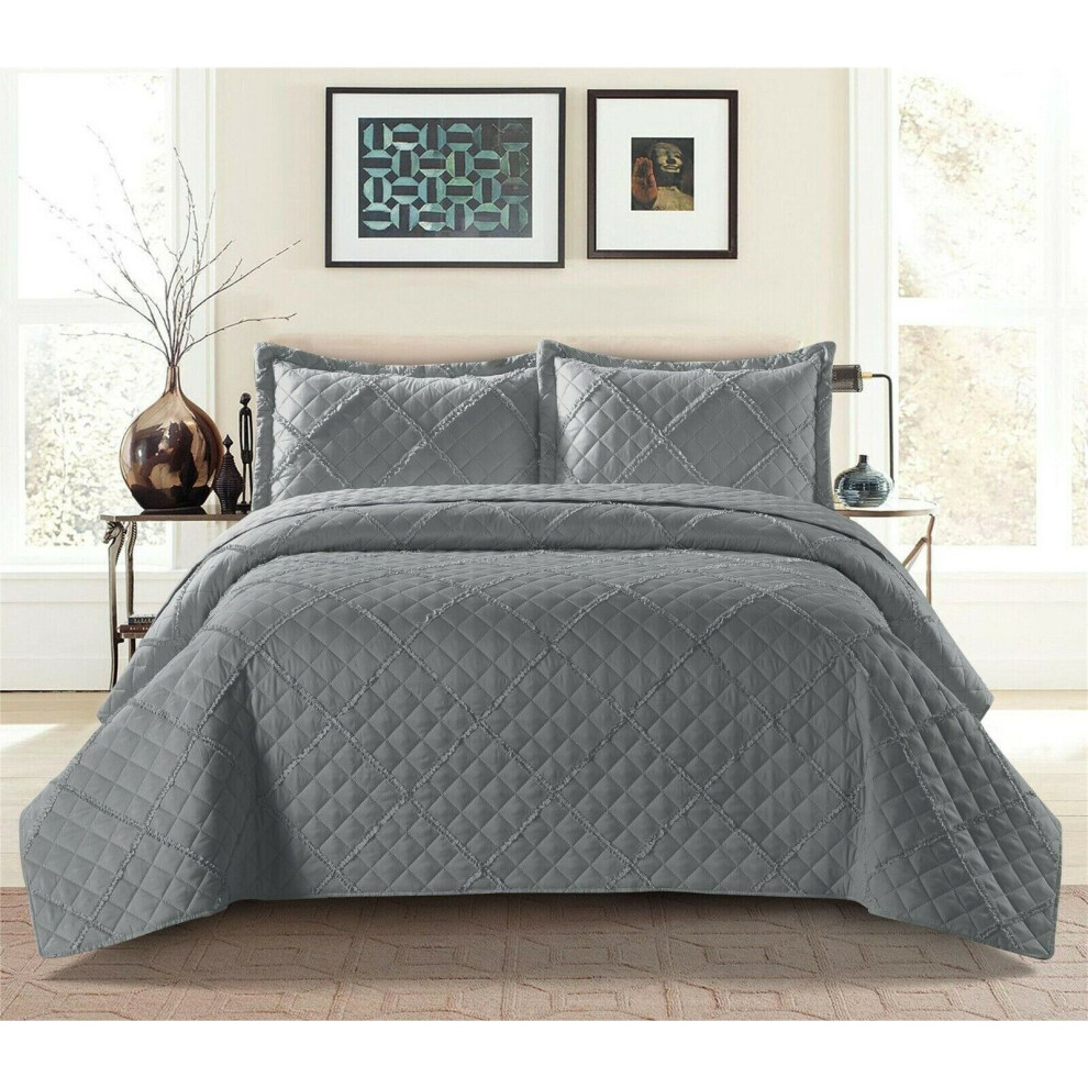 (Grey, King) Ruffle Embossed Quilted Bedspread Bed Throw Single Double King Size Bedding Set