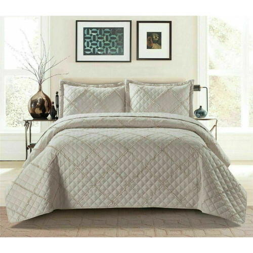(Mink, Super King) Ruffle Embossed Quilted Bedspread Bed Throw Single Double King Size Bedding Set