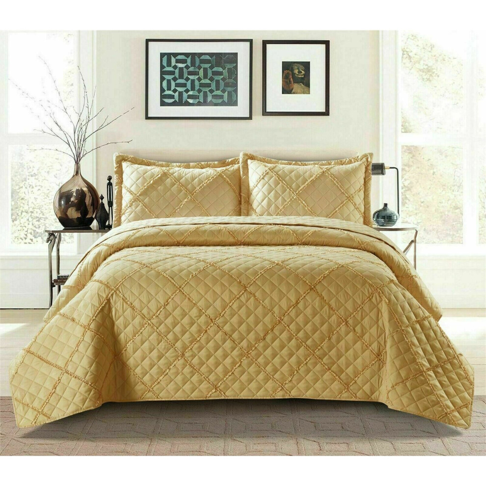 (Mustard, Super King) Ruffle Embossed Quilted Bedspread Bed Throw Single Double King Size Bedding Set