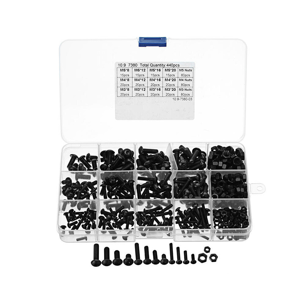 440Pcs M3/M4/M5 Carbon Steel Screw Hex Socket Button Head Bolt Nut Assortment Kit