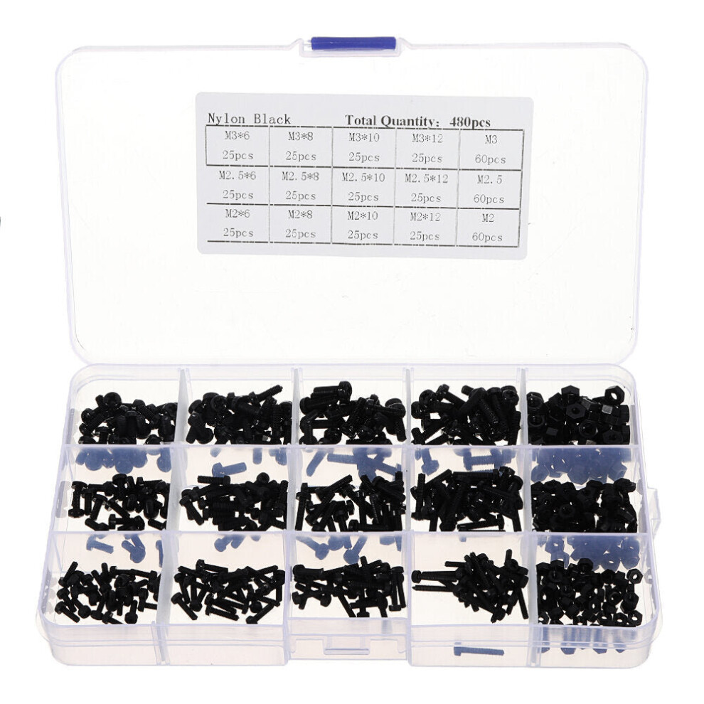 (Black) 480pcs White/Black M2/M2.5/M3 Nylon Plastic Phillips Screw Round Head Hex Nut Assortment Kits