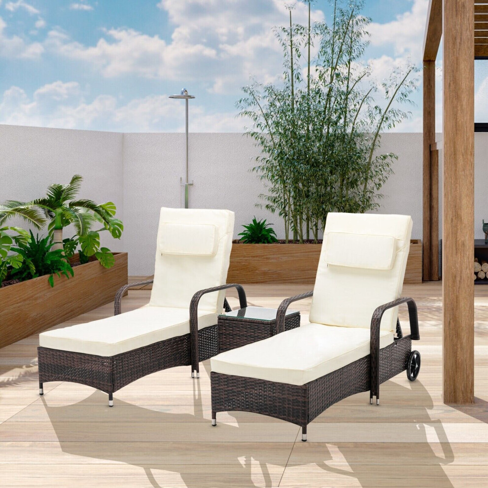 (Brown) MCC 3 Pieces Rattan Sun Lounger Bed Recliner Outdoor Chair & Side Table Set Venice