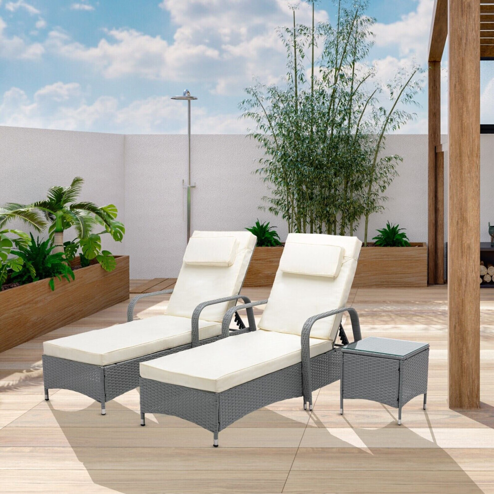 (Grey) MCC 3 Pieces Rattan Sun Lounger Bed Recliner Outdoor Chair & Side Table Set Venice