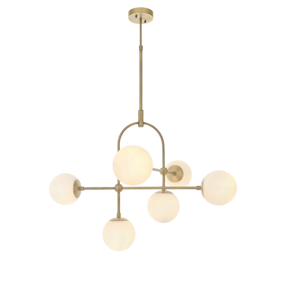 Loops Antique Brass Multi Arm Ceiling & Opal Glass Shade 6 Bulb Hanging Pendant Light