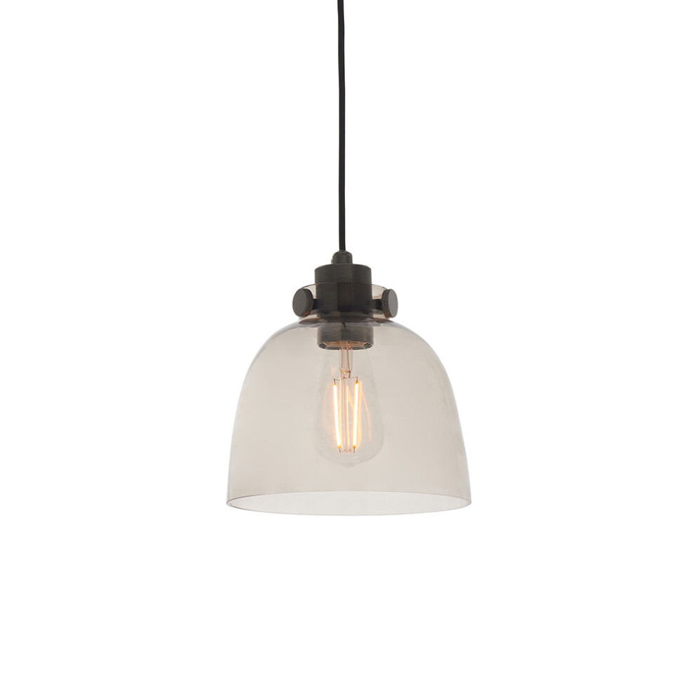 Industrial Ceiling Pendant Light Fitting - Matt Black & Smoked Grey Glass
