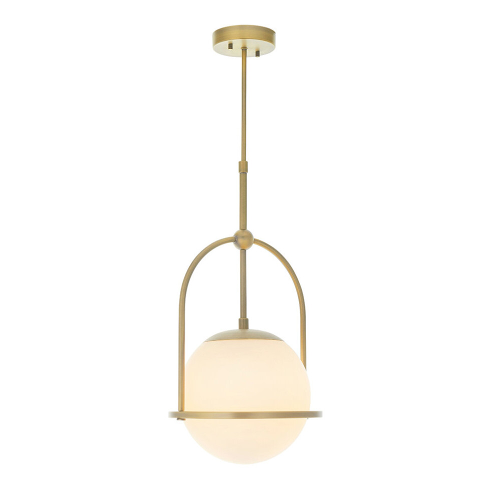 Antique Brass Ceiling Pendant Light - Opal Glass Shade - Single Bulb Fitting