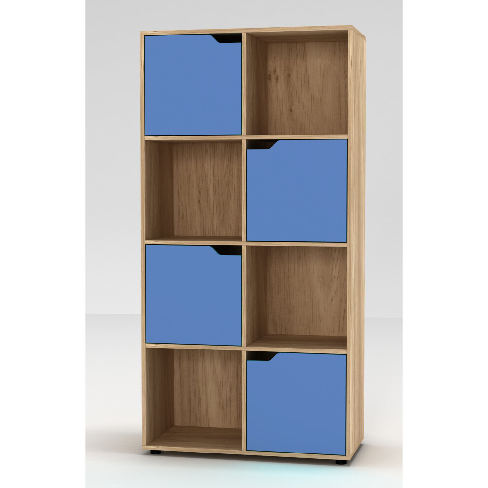 (Oak) 8 Cube Bookcase 4 Blue Door Display Shelf Storage Cupboard Living Room Shelving