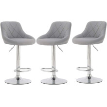 Set of 3 Grey Milan Gas-Lift Bar Stools, Swivel Height-Adjustable, Faux Leather with Chrome Base & Footrest