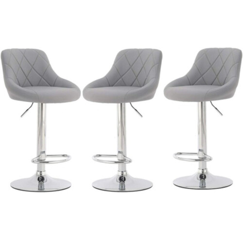 Set of 3 Grey Milan Gas-Lift Bar Stools, Swivel Height-Adjustable, Faux Leather with Chrome Base & Footrest
