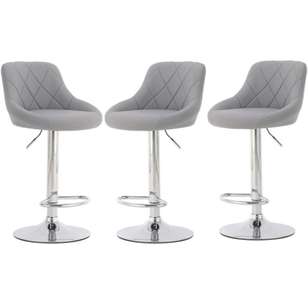 Millies Design Set Of 3 Milan Gas-Lift Bar Stools, Swivel Height-Adjustable, Faux Leather With Chrome Base & Footrest Grey