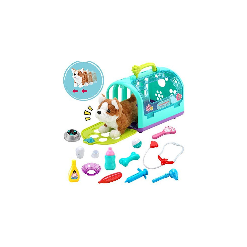 Sotodik 15PCS Electronic Vet Set for Kids,Walk and Bark Little Dog Pretend Play Doctor Playset Pet Care Roleplay Early Educational Toys for Boys