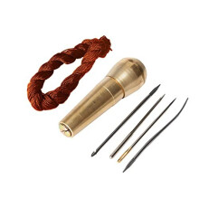 Copper Handle 4 Needles Sewing Awl Hand Stitcher Shoe Repair Tool Kit with 9m Nylon Cord Thread for DIY Sewing Repairing Canvas Leather (Gold +Br
