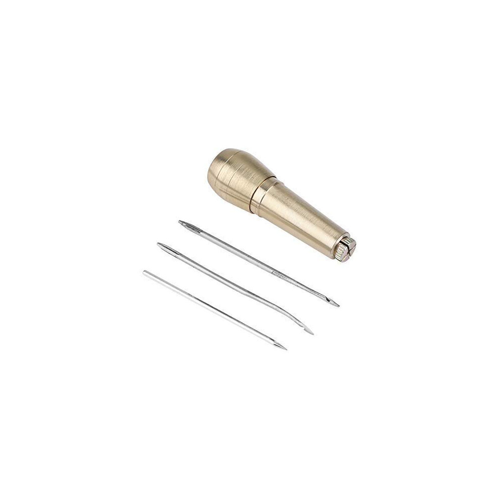 3 Needles Sewing Awl, Vintage Copper Handle Drilling Awl Hand Stitcher Shoe Repair Tool Kit for Leather Canvas Bag Heavy Fabric(Round Hole + Stra
