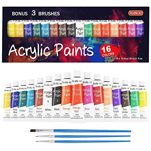 Set Ακρυλικών Χρωμάτων Shuttle Art, 16 x12ml Ποιοτική Καλλιτεχνική Μη Τοξική