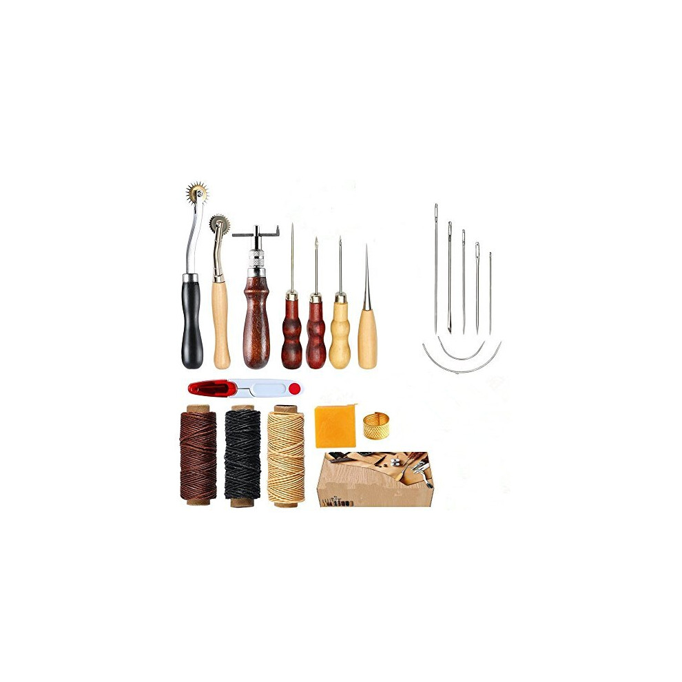Leather Sewing Tools 14 Pieces Hand Sewing Repair Kit Craft DIY Hand Stitching Kit with Groover Awl Waxed Thimble Thread for Sewing Leather, Canv