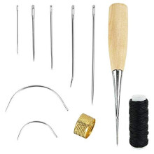 CODIRATO 7 Pieces Leather Sewing Needles Metal Leather Craft Tools Kit with Sewing Awl Thimble and Waxed Thread for Upholstery Carpet Leather Fur