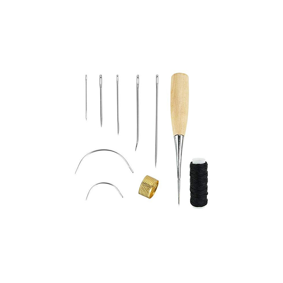 CODIRATO 7 Pieces Leather Sewing Needles Metal Leather Craft Tools Kit with Sewing Awl Thimble and Waxed Thread for Upholstery Carpet Leather Fur