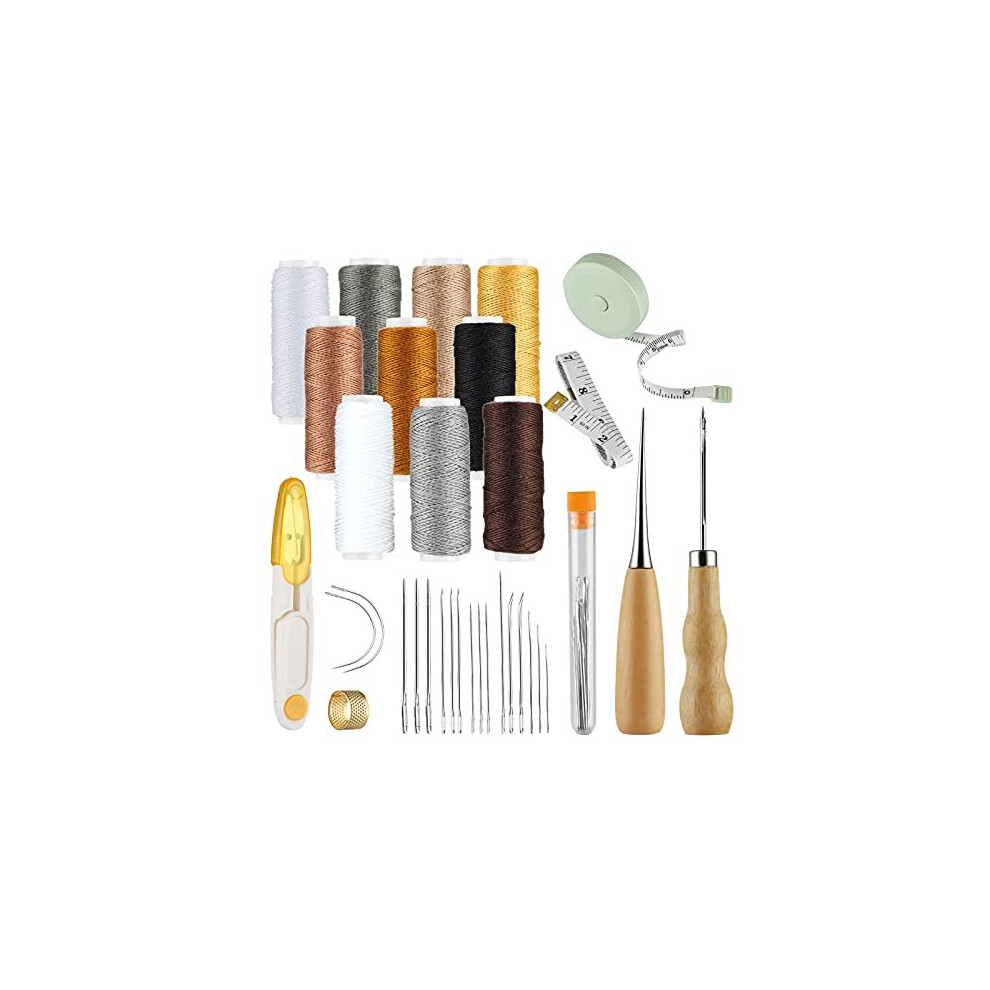 32 Pcs Leather Craft Sewing Tools Kit, Upholstery Repair, DIY Leather Hand Stitching, Embroidery with Leather Waxed Thread Leather Needles Drilli
