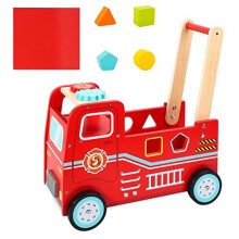 SOKA Wooden Fire Engine Rider and Push Along Toy with Shape Blocks Baby Toddler First Step Activity Walker Push & Pull Walking Wagon Gift for Kid