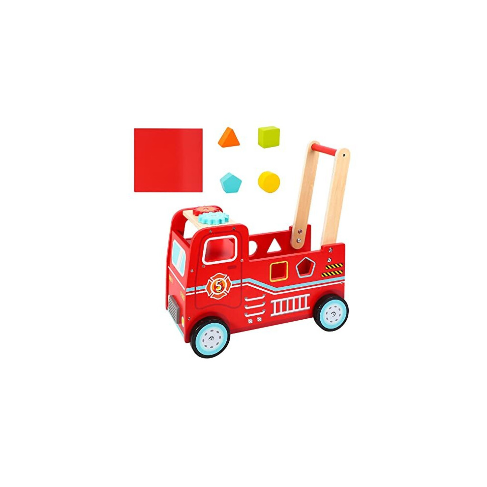 SOKA Wooden Fire Engine Rider and Push Along Toy with Shape Blocks Baby Toddler First Step Activity Walker Push & Pull Walking Wagon Gift for Kid