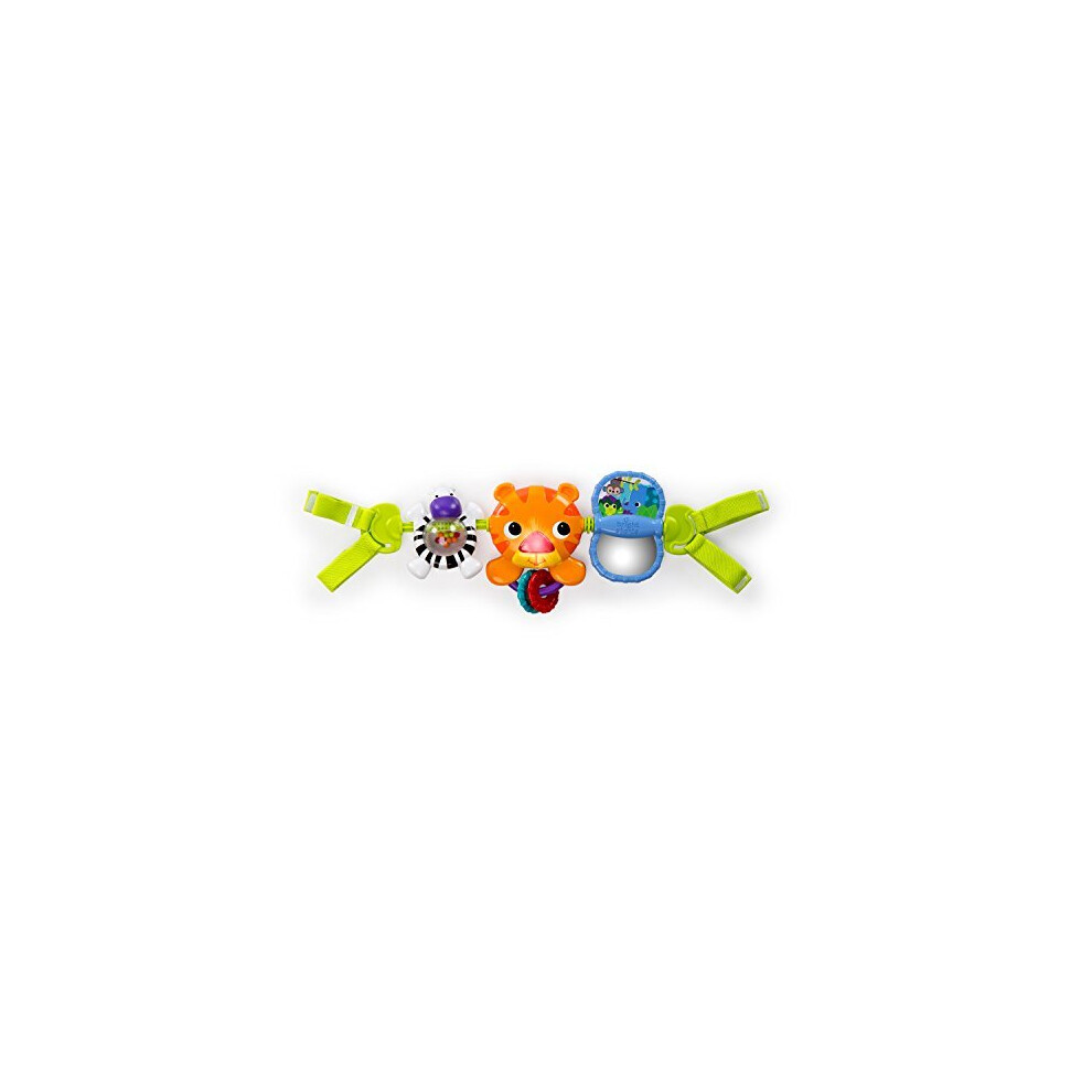 Bright Starts Take Along Musical Carrier Activity Toy Bar, 4 Melodies, Ball Rattle, Self Discovery Mirror, Bead Chaser, Jungle Themed Baby Toys, Light