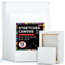 Shuttle Art Canvas for Painting, 15 Multi Pack Stretched Blank Canvas Boards, 4x4, 5x7, 8x10, 9x12, 11x14 Inches (3 of Each), Primed White Painti