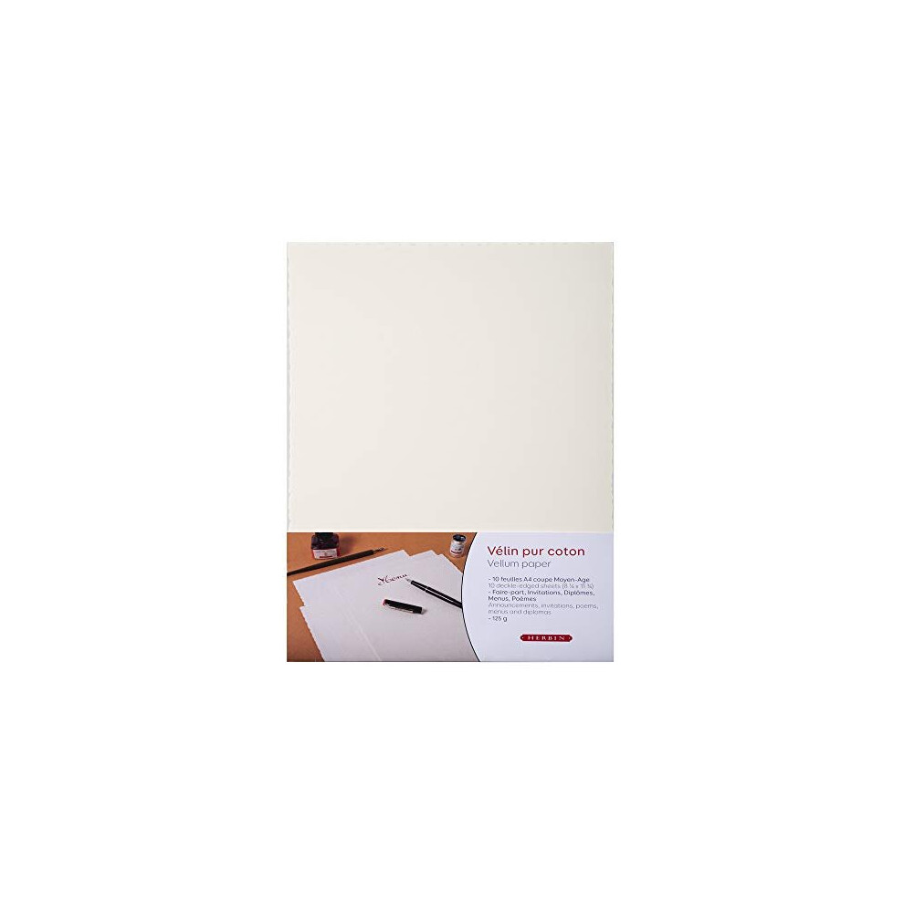 Jacques Herbin - Ref 90800T - Pure Cotton Vellum Paper (Pack of 10 Sheets) - A4 Size, 125gsm Paper, Grain-Free & Smooth, Suitable for Ink & Paint