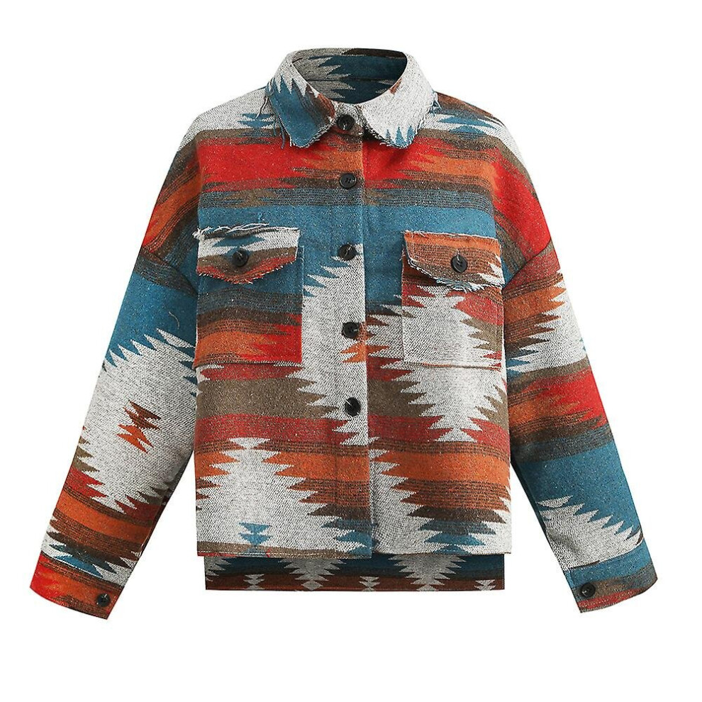 (Red, M) Women Vintage Shirt Aztec Print Long Sleeve Jacket Button Down Lapel Loose Coat