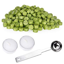 Sealing Wax Beads Set 310 Pieces Octagon Wax Seal Beads with 1PC Melting Spoon and 2Pcs Tea Candles for Wax Seal Stamp - Green