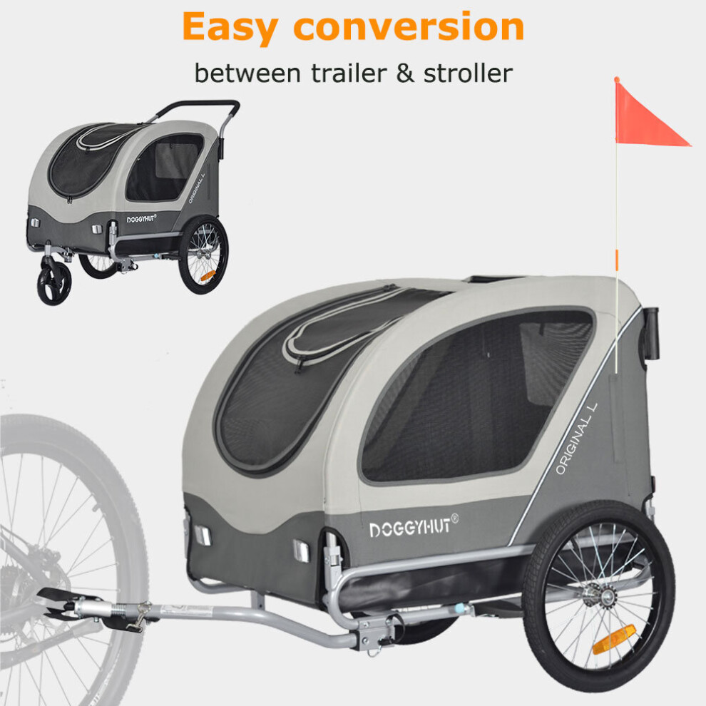 (Grey/Black) Large Bike Dog Trailer & Stroller for Dogs Up to 35kgs Parking Brakes