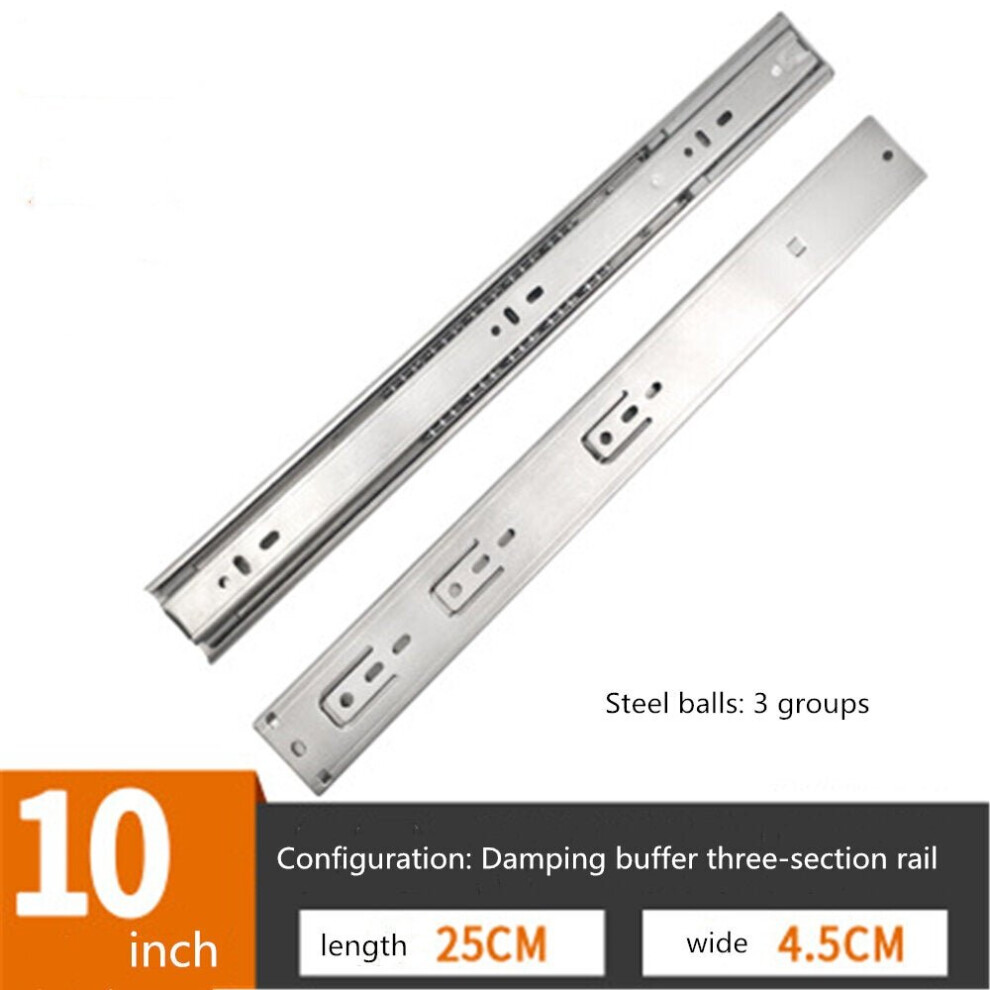 (10 Inch) Cabinet Damping Slide Rail Three-Section Thickened Stainless Steel Guide Drawer Buffer Mute Side 3654659408181
