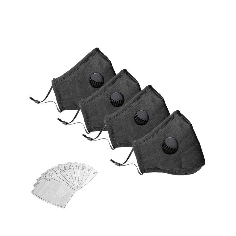 (Black) Pack 4 Face Cotton Mask With Breathable Valve, Activated Carbon Filter 10pcs