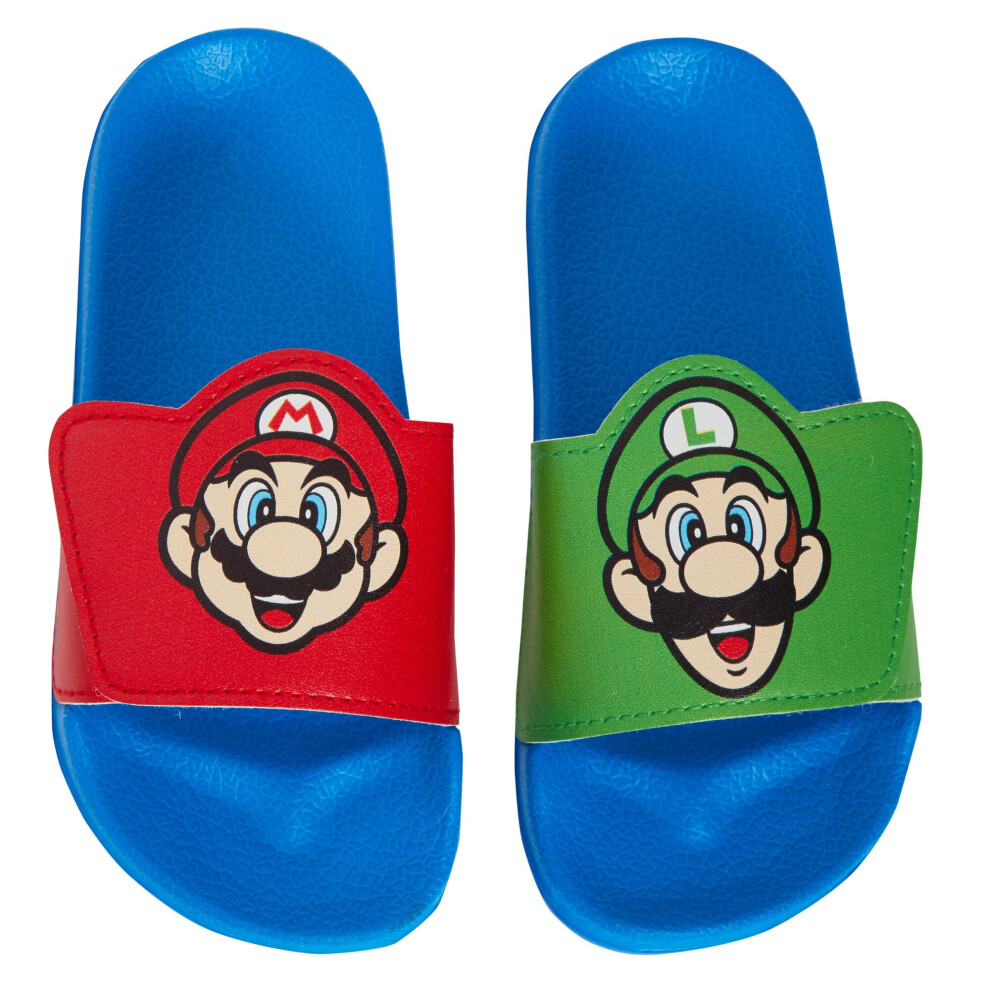 (UK 9 Child) Super Mario Bros Sliders Kids Luigi Summer Sandals Slip On Pool Shoes Flip Flops