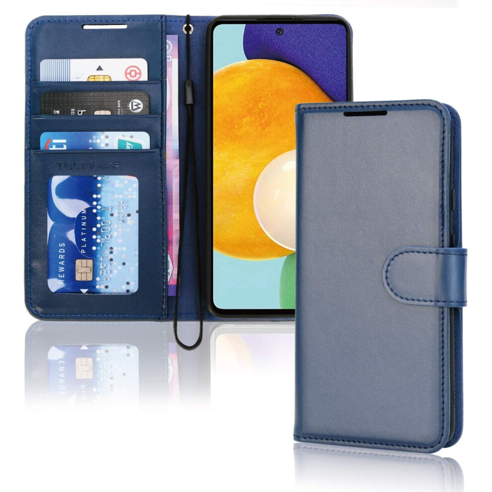 TECHGEAR Galaxy A72 Leather Wallet Case, Flip Protective Case Cover with Wallet Card Holder, Stand and Wrist Strap - Blue PU...