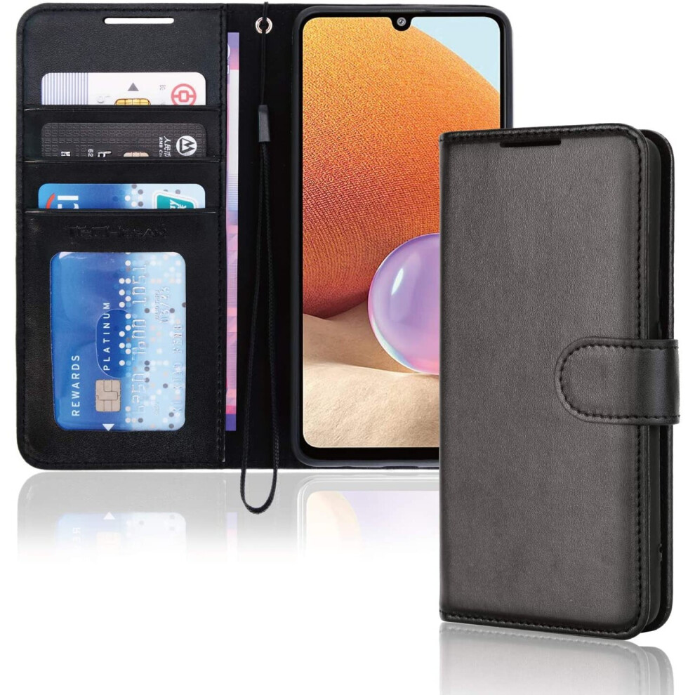 TECHGEAR Galaxy A32 5G Leather Wallet Case, Flip Protective Case Cover with Wallet Card Holder, Stand and Wrist Strap - Black...