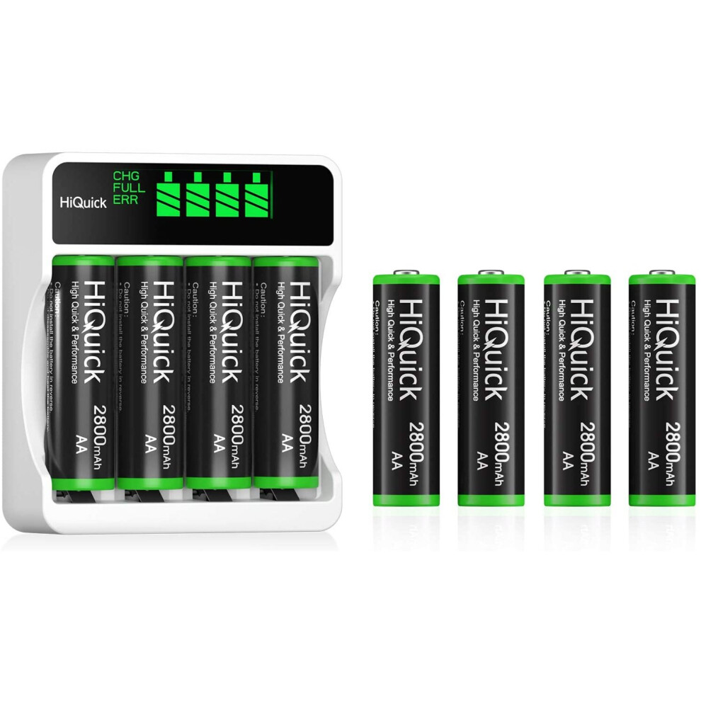 HiQuick 8 x 2800mAh AA NI-MH Rechargeable Batteries with 4-slot AA AAA LCD Battery Charger, Fast Charging Function, Type C and...