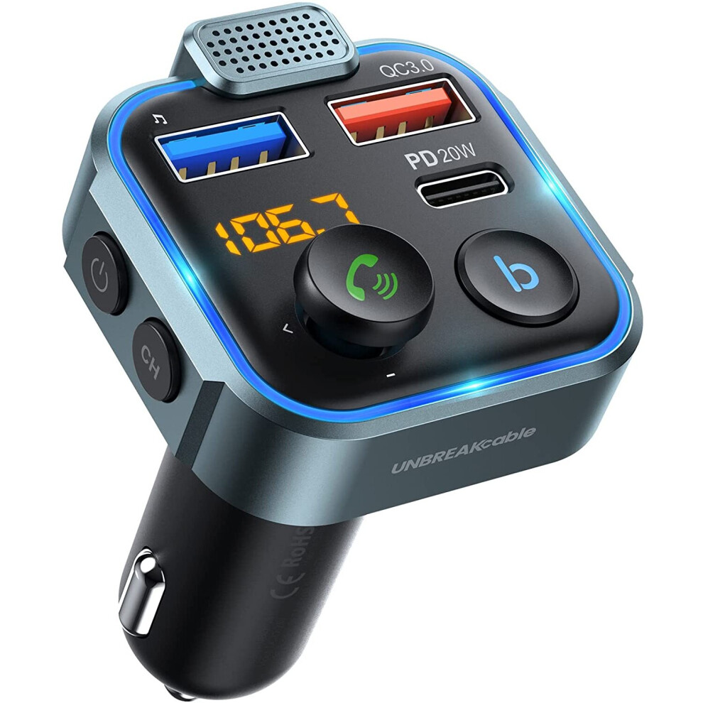 Unbreakcable Bluetooth Fm Transmitter For Car, 38W Fast Charging 2 Ports [Qc3.0 18W+ Pd 20W] Wireless Bluetooth 5.0 Fm Radio... 4897099008859