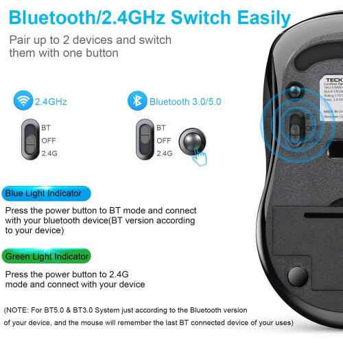 TeckNet TeckNet Bluetooth Mouse, Three-mode Bluetooth Wireless Mouse (Bluetooth 5.0/3.0 and 2.4G Wireless), 2400DPI Portable Mouse for... 2