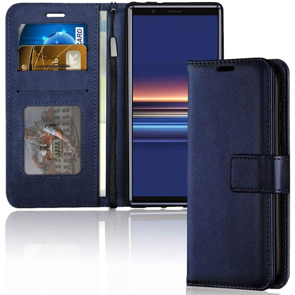 TECHGEAR Xperia 5 Leather Wallet Case, Flip Protective Case Cover with Card Slots, Kickstand and Wrist Strap - Blue PU Leather...