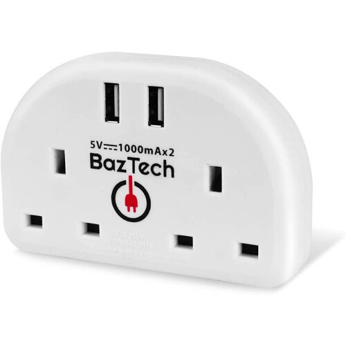 BazTechElectroS European Travel Adapter Plug EU Two Pin Converter to UK 3 Pin Mains Switch Extension 2 Sockets with 2 USB Ports...
