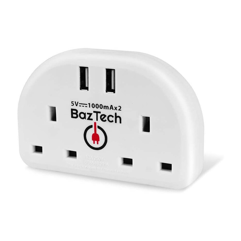 BazTechElectroS European Travel Adapter Plug EU Two Pin Converter to UK 3 Pin Mains Switch Extension 2 Sockets with 2 USB Ports...