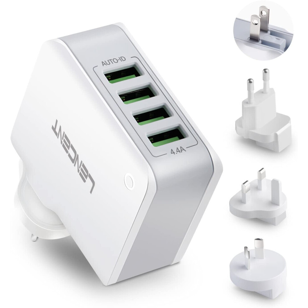 LENCENT USB Charger Plug, 4-Port USB Universal Travel Adaptor Plug, 22W/5V 4.4A Wall Charger with UK/USA/EU/AUS Worldwide...