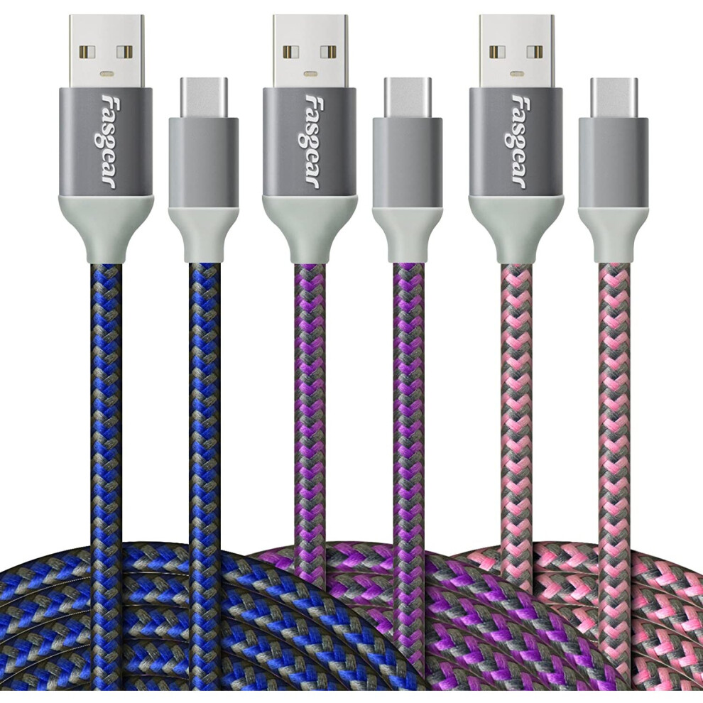 Fasgear USB to USB C Cable, 3 Pack 10ft Nylon Braided USB Type C Fast Charging Sync Cable Compatible with Galaxy S10/S9/S8+,...