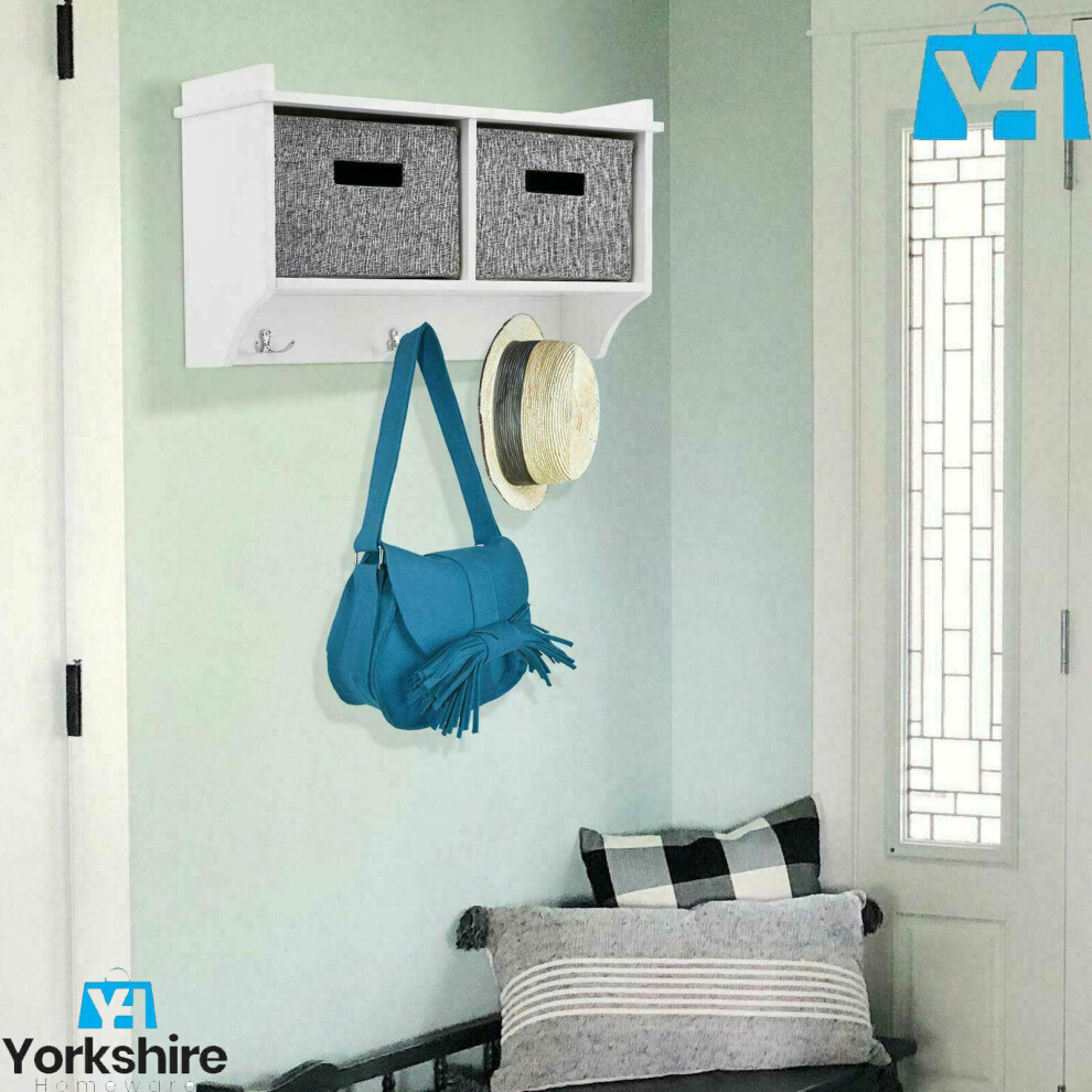 WALL MOUNTED WHITE COAT RACK WITH DISPLAY SHELF STORAGE UNIT 2 BOX ORGANISER